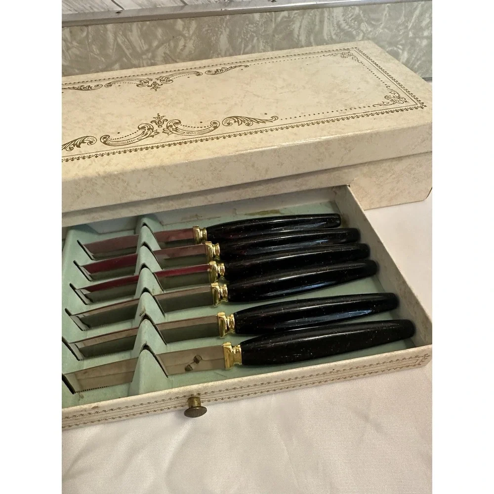 Vintage Bridal Shower Gift Serving Utensil Set Black Handles Gold Accent NICE!